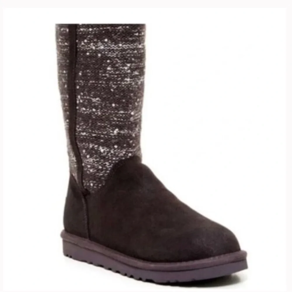 UGG Australia Camaya Leather Suede Sweater Boot Sequins Mid-Calf Gray Size 7